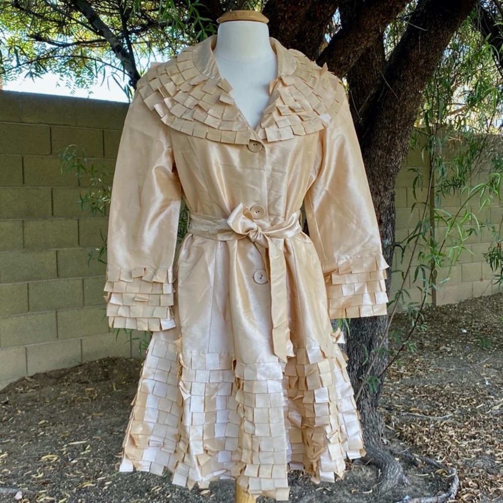 Gold Shiny Taffeta Dress Coat Belt Formal Evening - Picture 1 of 1